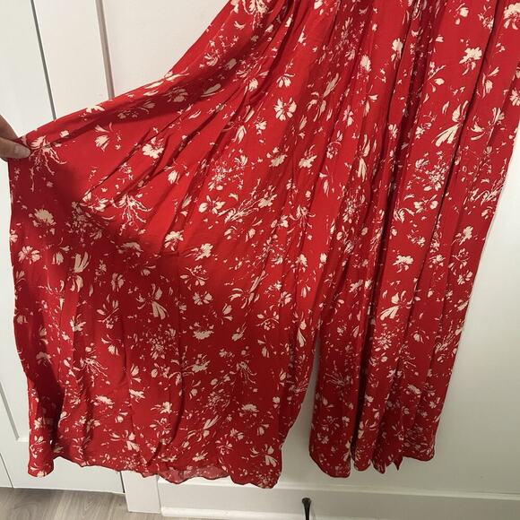 Free People Color My World Wide-leg Jumpsuit XS Smocked Tie Shoulder Red Floral - Picture 6 of 11
